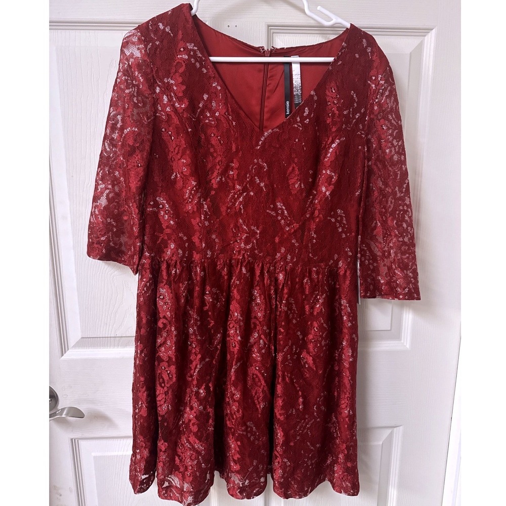Kensie Rich Red Floral Lace Metallic Mini Dress XL KS2K9S11 NWT